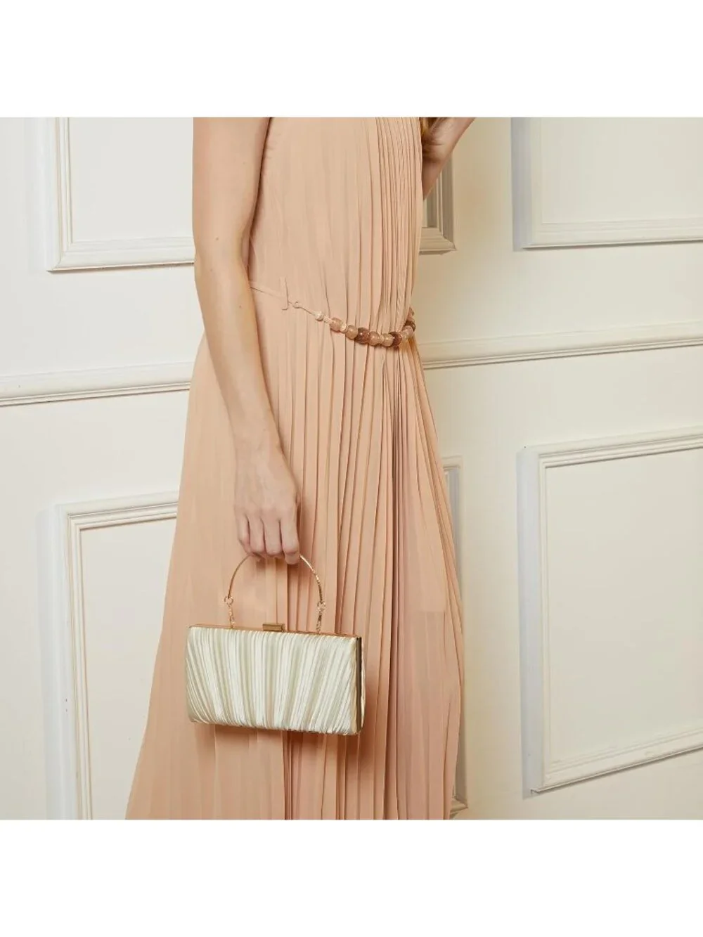Women's Satin Gold Pleated Evening Handbag with Chain Prom Classic Clutch Purses